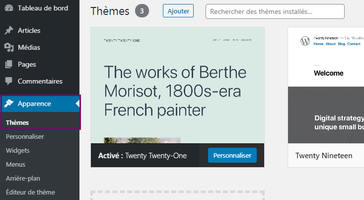 Choisir un thème WordPress dans la bibliothèque des thèmes : visuel montrant la console WordPress