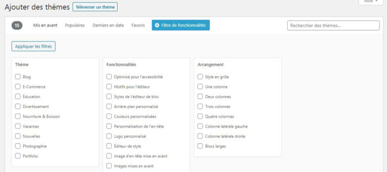 Sélectionner des thèmes WordPress par les filtres : visuel de la bibliothèque de thèmes WordPress