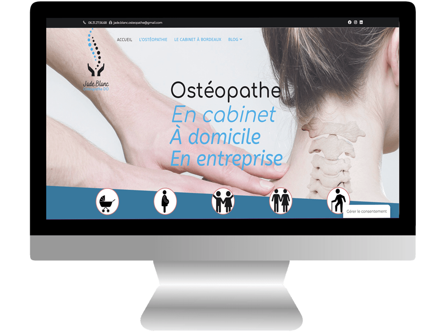 Visuel de la page d'accueil du site Web professionnel de Jade Blanc ostéopathe à Bordeaux. Ce site a été conçu et réalisé par La Griffe Éditoriale