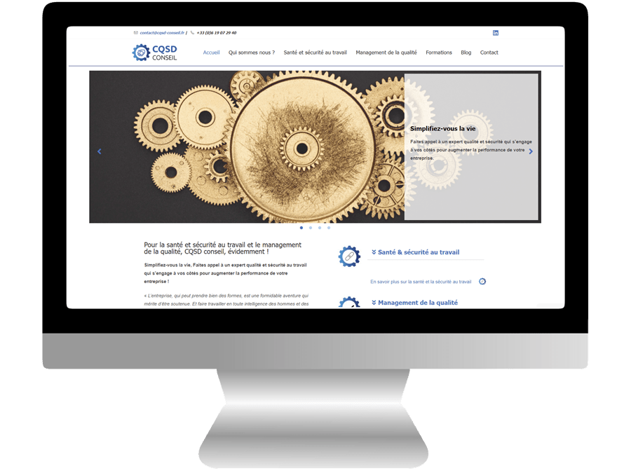 Visuel de la page d'accueil du site Web professionnel "CQSD Conseil" de Sébastien Delabrosse, expert en santé et sécurité au travail et en management de la qualité. Ce site a été conçu et réalisé par La Griffe Éditoriale