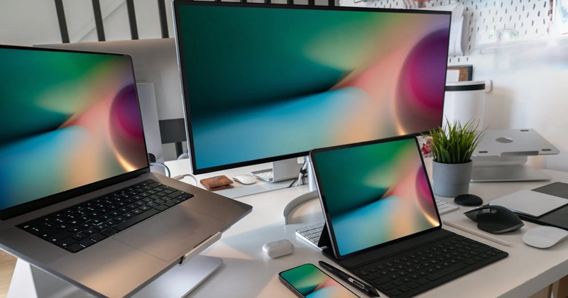 Visuel présentant un écran blanc sur un bureau pour illustrer la page "Création de Sites Web WordPress à Bordeaux" du site de La Griffe Éditoriale - Sites Web sur mesure à Bordeaux